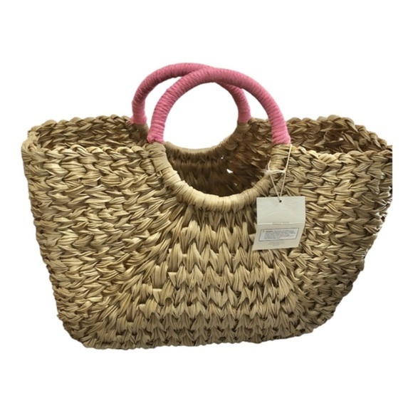 Wicker style straw natural basketweave pink knit pompom oversized beach tote new - Picture 2 of 16